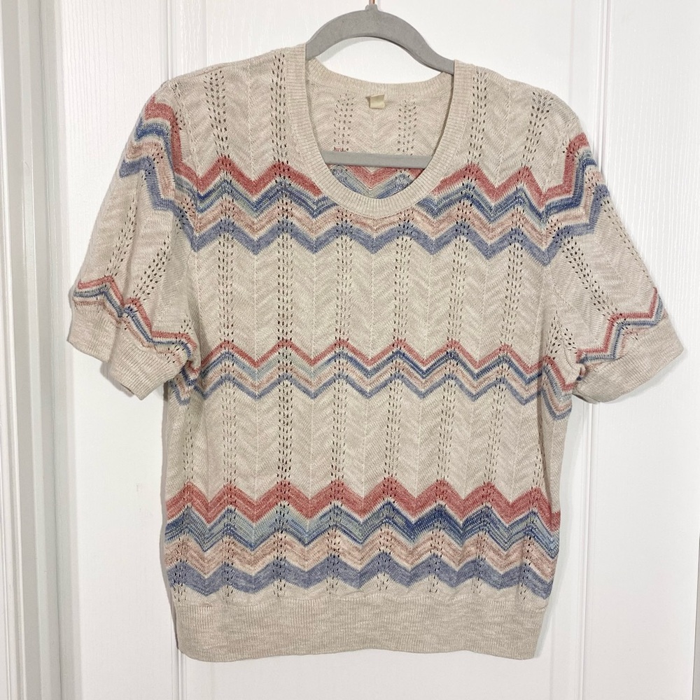 Anthro Moth Chevron Pointelle Knit Short Sleeve Sweater Beige Multi Size Large